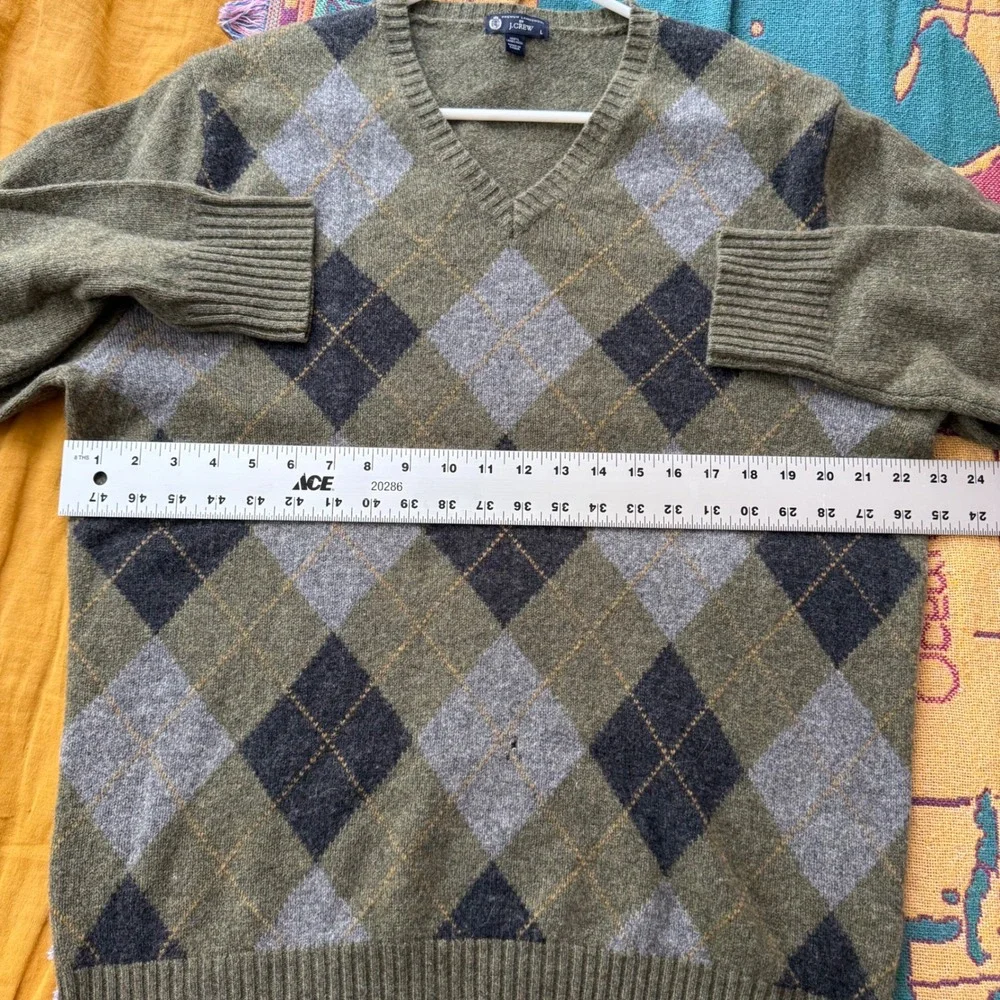 J.Crew Mens Lambswool Argyle V-Neck Sweater‎ Olive Green Grey Large L